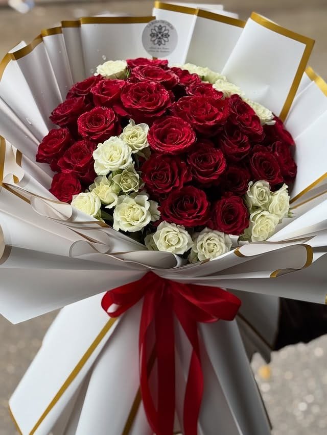 Buket Tangan Rose in White mawar putih elegan untuk lamaran dan pernikahan — kode EBM-C-01